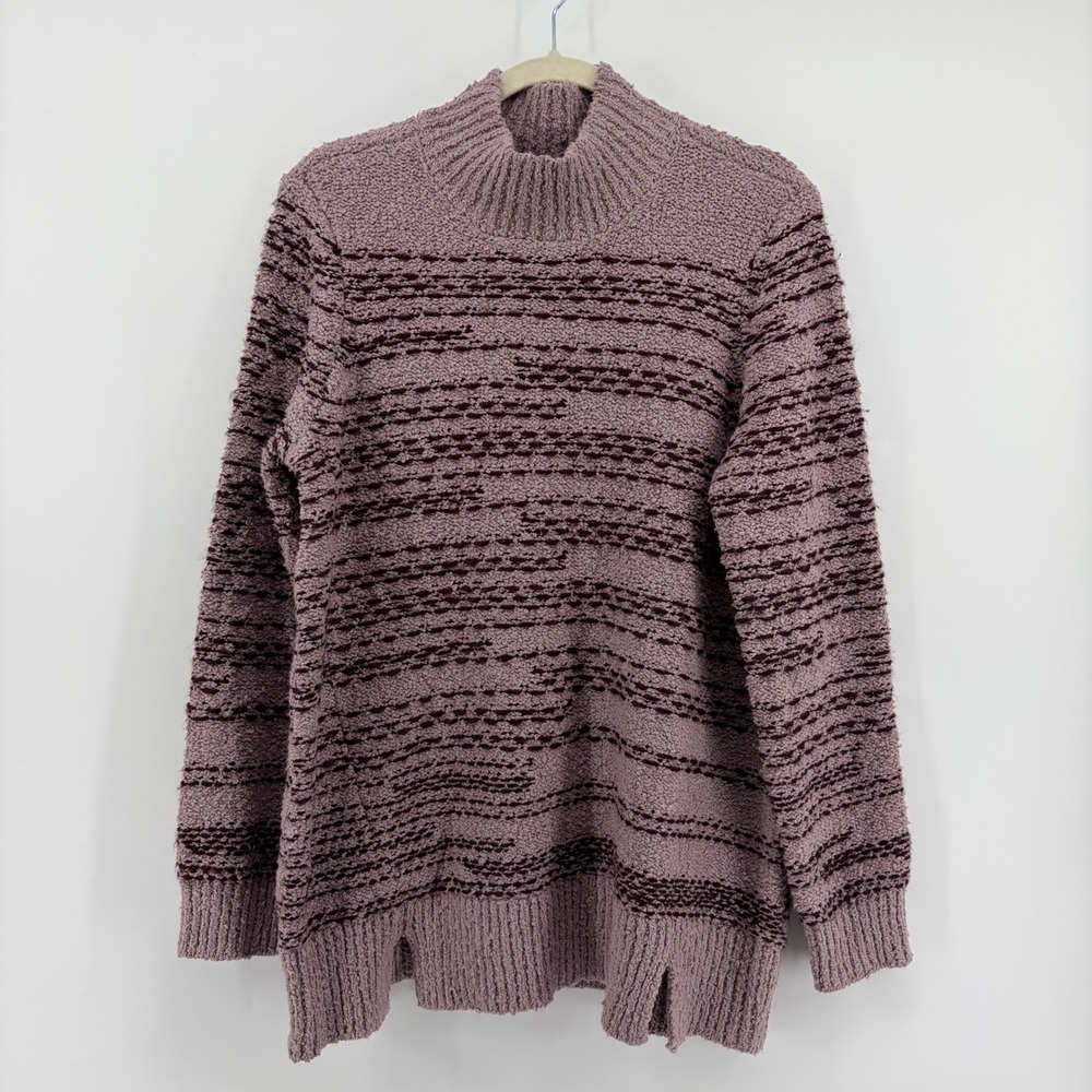 Susan Graver Womens L Mauve Purple Striped Mock Neck Textured Knit Sweater Slits